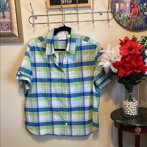 Alfred Dunner Blue and Green Plaid Shirt Sz 18. Cotton/Polyester/Spandex.